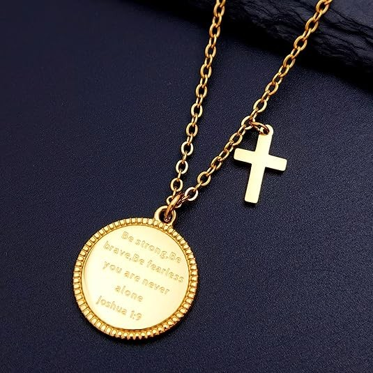 14K Gold Plated Engraved Coin Pendant Necklace Joshua 1:9